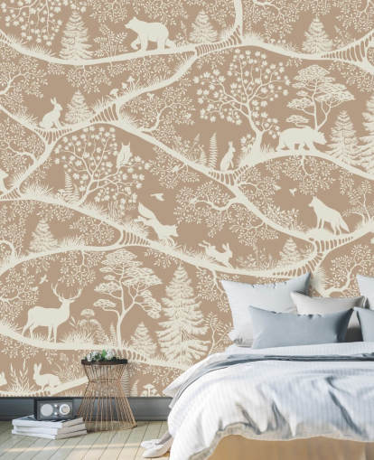 mural marrón personalizado de animales del bosque llamado Nordic Nature Brown White de la colección Oliver Robins mural marrón personalizado de animales del bosque llamado Nordic Nature Brown White de la colección Oliver Robins