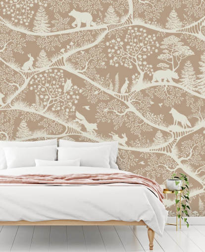 brown custom forest animals mural called Nordic Nature Brown White from the Oliver Robins collection brown custom forest animals mural called Nordic Nature Brown White from the Oliver Robins collection