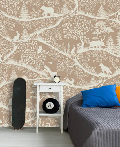 bruine op maat gemaakte muurschildering met bosdieren genaamd Nordic Nature Brown White uit de Oliver Robins-collectie