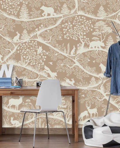 mural marrón personalizado de animales del bosque llamado Nordic Nature Brown White de la colección Oliver Robins