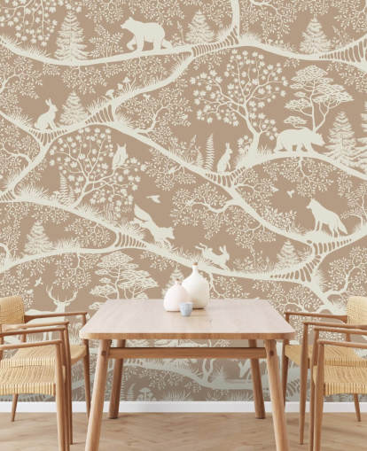 brown custom forest animals mural called Nordic Nature Brown White from the Oliver Robins collection