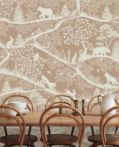 brown custom forest animals mural called Nordic Nature Brown White from the Oliver Robins collection
