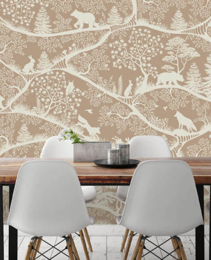 brown custom forest animals mural called Nordic Nature Brown White from the Oliver Robins collection brown custom forest animals mural called Nordic Nature Brown White from the Oliver Robins collection