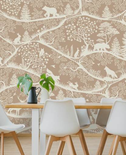 brunt brugerdefineret skovdyrvægmaleri kaldet Nordic Nature Brown White fra Oliver Robins-kollektionen brunt brugerdefineret skovdyrvægmaleri kaldet Nordic Nature Brown White fra Oliver Robins-kollektionen
