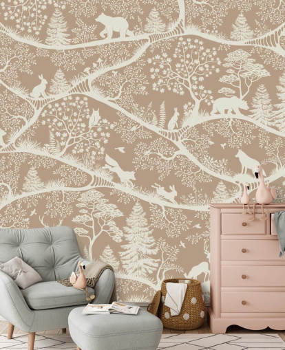 mural marrom personalizado de animais da floresta chamado Nordic Nature Brown White da coleção Oliver Robins