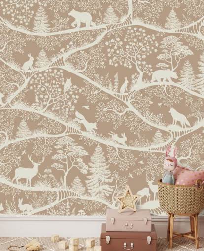 bruine op maat gemaakte muurschildering met bosdieren genaamd Nordic Nature Brown White uit de Oliver Robins-collectie bruine op maat gemaakte muurschildering met bosdieren genaamd Nordic Nature Brown White uit de Oliver Robins-collectie