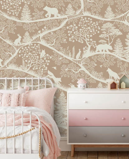 brown custom forest animals mural called Nordic Nature Brown White from the Oliver Robins collection