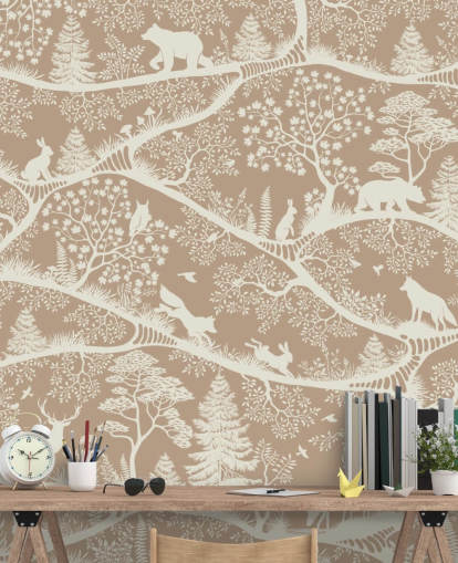 mural marrón personalizado de animales del bosque llamado Nordic Nature Brown White de la colección Oliver Robins