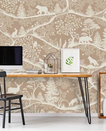 mural marrón personalizado de animales del bosque llamado Nordic Nature Brown White de la colección Oliver Robins