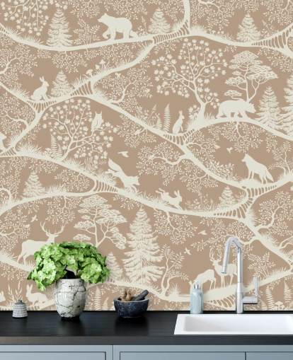 murale marrone personalizzato con animali della foresta chiamato Nordic Nature Brown White della collezione Oliver Robins