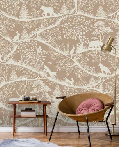 brown custom forest animals mural called Nordic Nature Brown White from the Oliver Robins collection