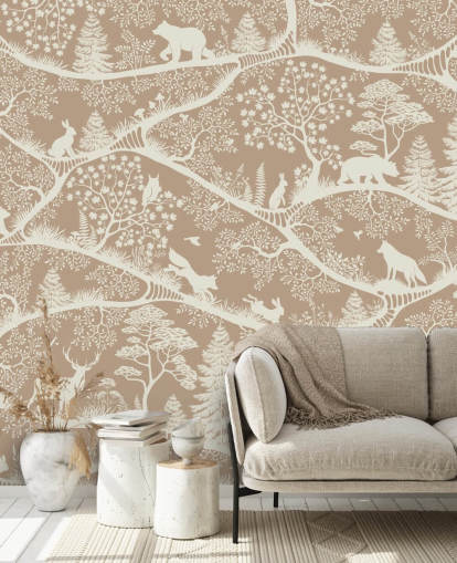 brown custom forest animals mural called Nordic Nature Brown White from the Oliver Robins collection