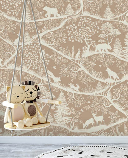 mural marrón personalizado de animales del bosque llamado Nordic Nature Brown White de la colección Oliver Robins