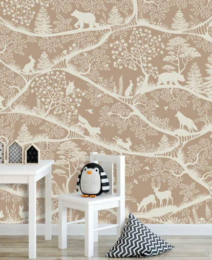 mural marrón personalizado de animales del bosque llamado Nordic Nature Brown White de la colección Oliver Robins