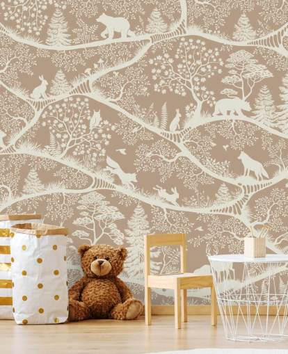 brown custom forest animals mural called Nordic Nature Brown White from the Oliver Robins collection brown custom forest animals mural called Nordic Nature Brown White from the Oliver Robins collection