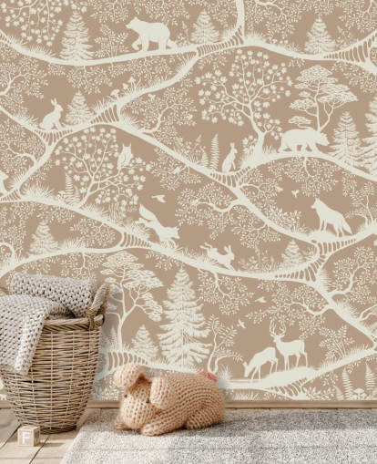 murale marrone personalizzato con animali della foresta chiamato Nordic Nature Brown White della collezione Oliver Robins