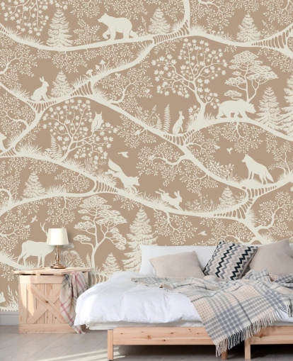 brown custom forest animals mural called Nordic Nature Brown White from the Oliver Robins collection