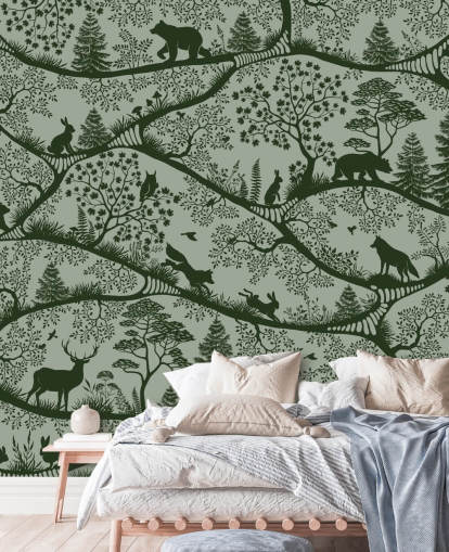 mural de bosque verde personalizable para niños llamado Nordic Nature Green