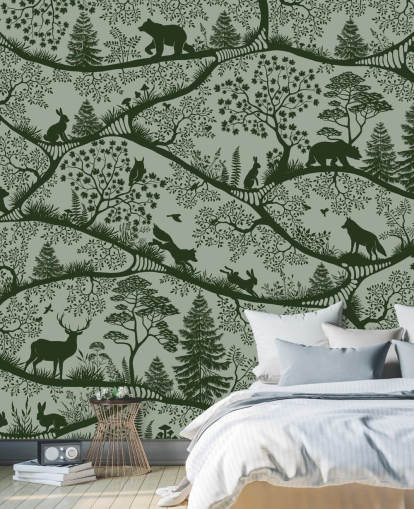mural de bosque verde personalizable para niños llamado Nordic Nature Green mural de bosque verde personalizable para niños llamado Nordic Nature Green