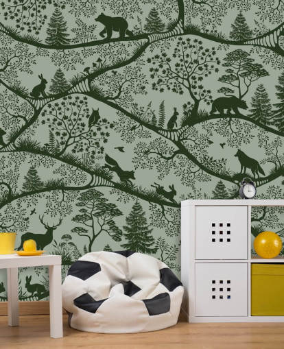 mural de bosque verde personalizable para niños llamado Nordic Nature Green
