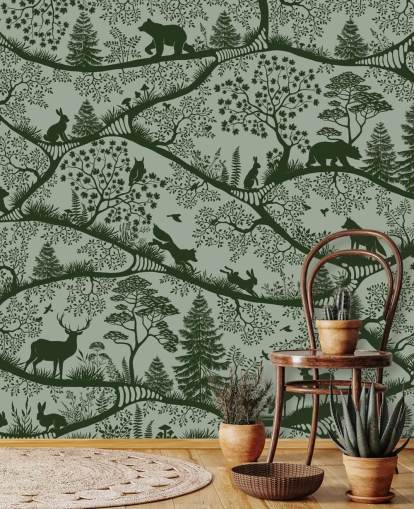 mural florestal verde personalizável para crianças chamado Nordic Nature Green