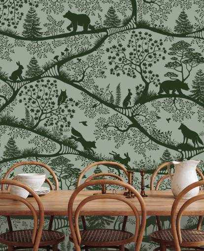 mural de bosque verde personalizable para niños llamado Nordic Nature Green