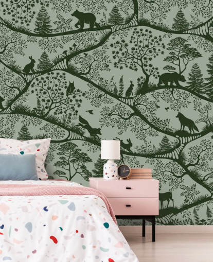 green customisable forest mural for kids called Nordic Nature Green