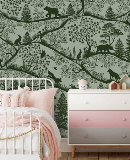 green customisable forest mural for kids called Nordic Nature Green