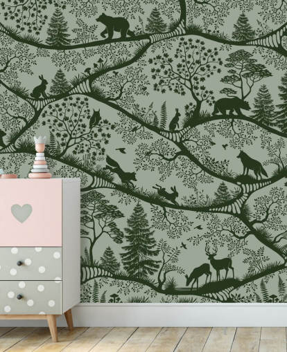 mural de bosque verde personalizable para niños llamado Nordic Nature Green