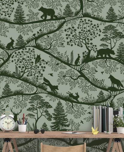 green customisable forest mural for kids called Nordic Nature Green green customisable forest mural for kids called Nordic Nature Green