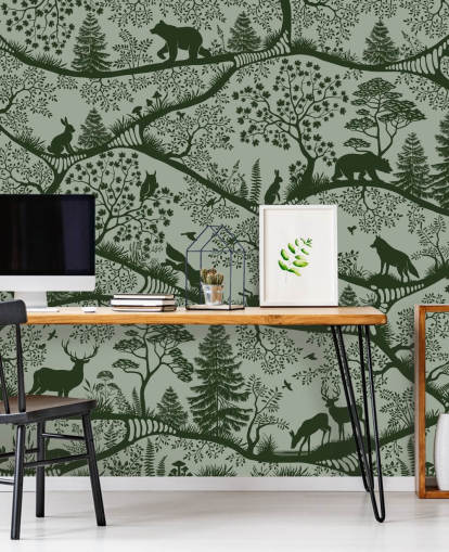 murale forestale personalizzabile verde per bambini chiamato Nordic Nature Green