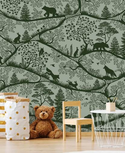 mural de bosque verde personalizable para niños llamado Nordic Nature Green