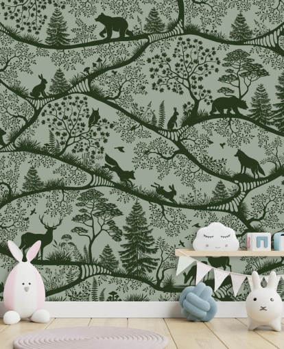 fresque forestière verte personnalisable pour enfants appelée Nordic Nature Green fresque forestière verte personnalisable pour enfants appelée Nordic Nature Green