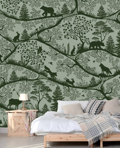 mural de bosque verde personalizable para niños llamado Nordic Nature Green