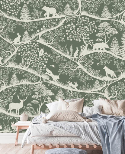 lasten metsäseinämaalaus nimeltä Nordic Nature Green White Oliver Robins -sarjasta lasten metsäseinämaalaus nimeltä Nordic Nature Green White Oliver Robins -sarjasta