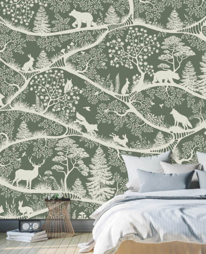 kids forest mural called Nordic Nature Green White from the Oliver Robins range