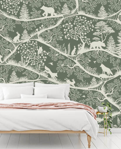 kids forest mural called Nordic Nature Green White from the Oliver Robins range kids forest mural called Nordic Nature Green White from the Oliver Robins range