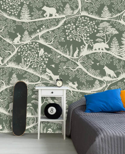 bosmuurschildering voor kinderen genaamd Nordic Nature Green White uit het Oliver Robins-assortiment