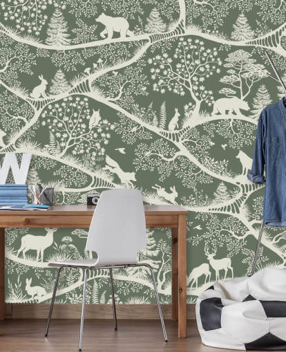 kids forest mural called Nordic Nature Green White from the Oliver Robins range