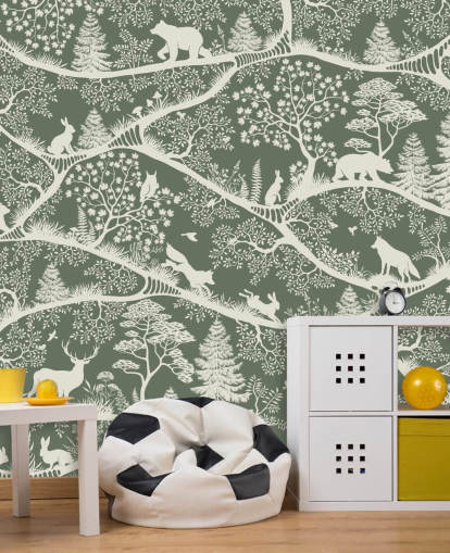 kids forest mural called Nordic Nature Green White from the Oliver Robins range