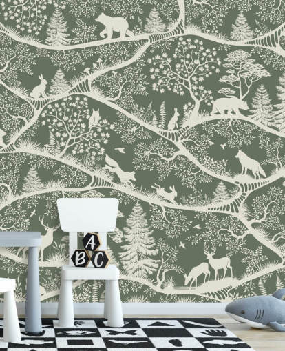 kids forest mural called Nordic Nature Green White from the Oliver Robins range kids forest mural called Nordic Nature Green White from the Oliver Robins range