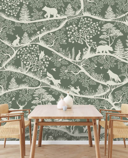 mural forestal para niños llamado Nordic Nature Green White de la gama Oliver Robins