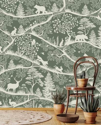 mural forestal para niños llamado Nordic Nature Green White de la gama Oliver Robins