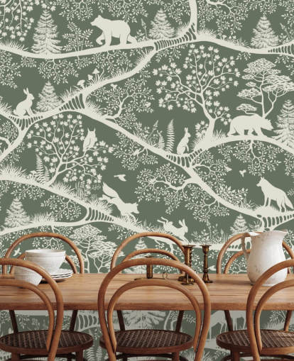 barnskogsväggmålning som heter Nordic Nature Green White från Oliver Robins-serien
