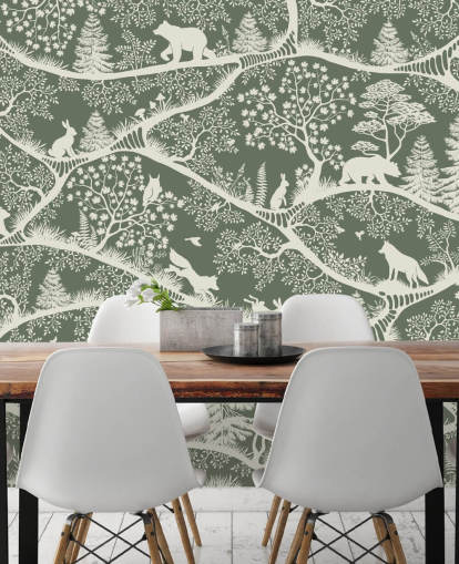 kids forest mural called Nordic Nature Green White from the Oliver Robins range