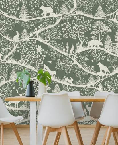 murale forestale per bambini chiamato Nordic Nature Green White della gamma Oliver Robins