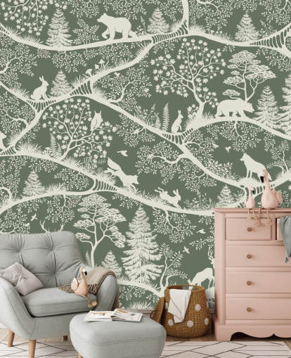 mural forestal para niños llamado Nordic Nature Green White de la gama Oliver Robins