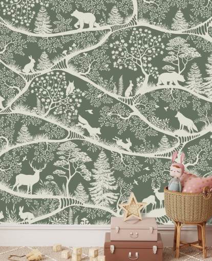 kids forest mural called Nordic Nature Green White from the Oliver Robins range