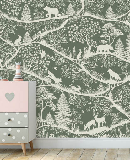 mural florestal infantil chamado Nordic Nature Green White da linha Oliver Robins
