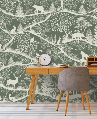 mural florestal infantil chamado Nordic Nature Green White da linha Oliver Robins mural florestal infantil chamado Nordic Nature Green White da linha Oliver Robins